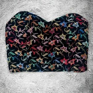 VTG Cotu J’inc Black Velvet Embroidered Cropped Strapless Top Medium Whimsy Goth